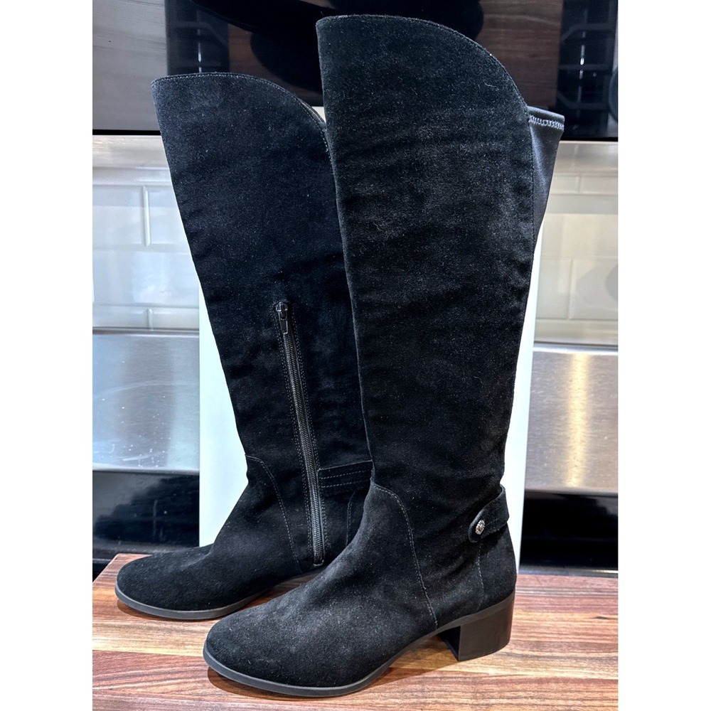 Anne Klein Akjela Black Suede Tall Block Heel Boots Lion Head Detail Womens 8.5M